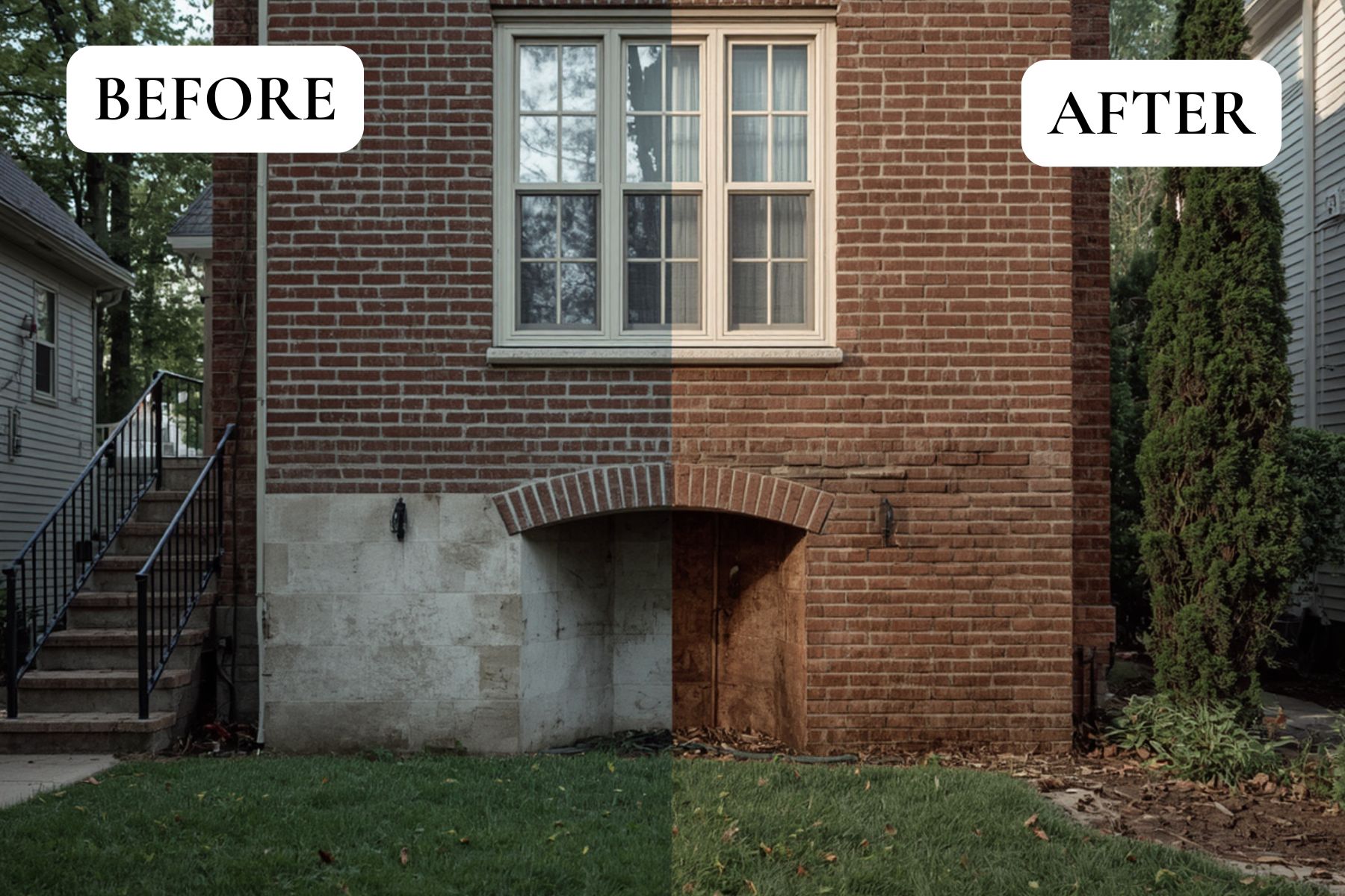 Before and after Philadelphia foundation masonry repair on a brick home