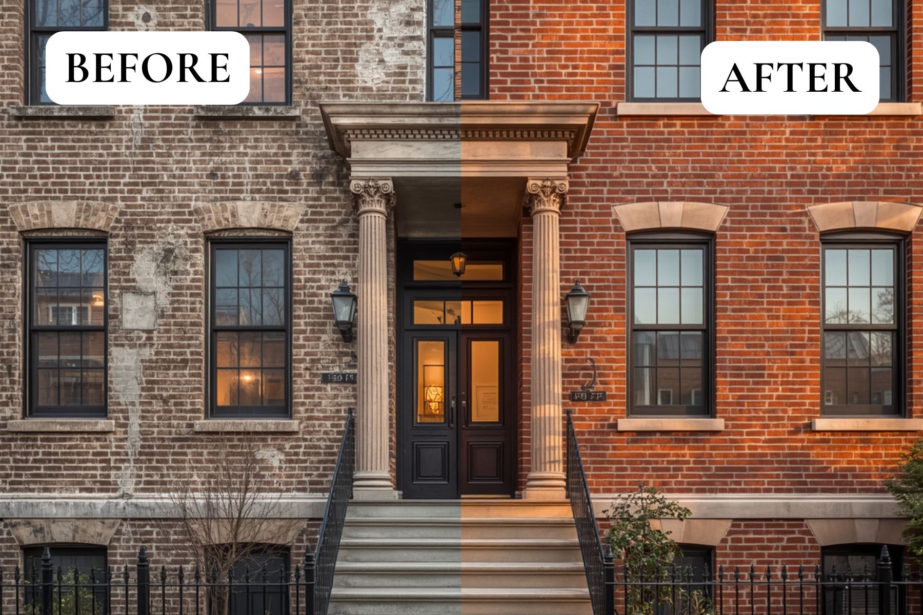 Before and after general masonry restoration on a Philadelphia brick rowhome