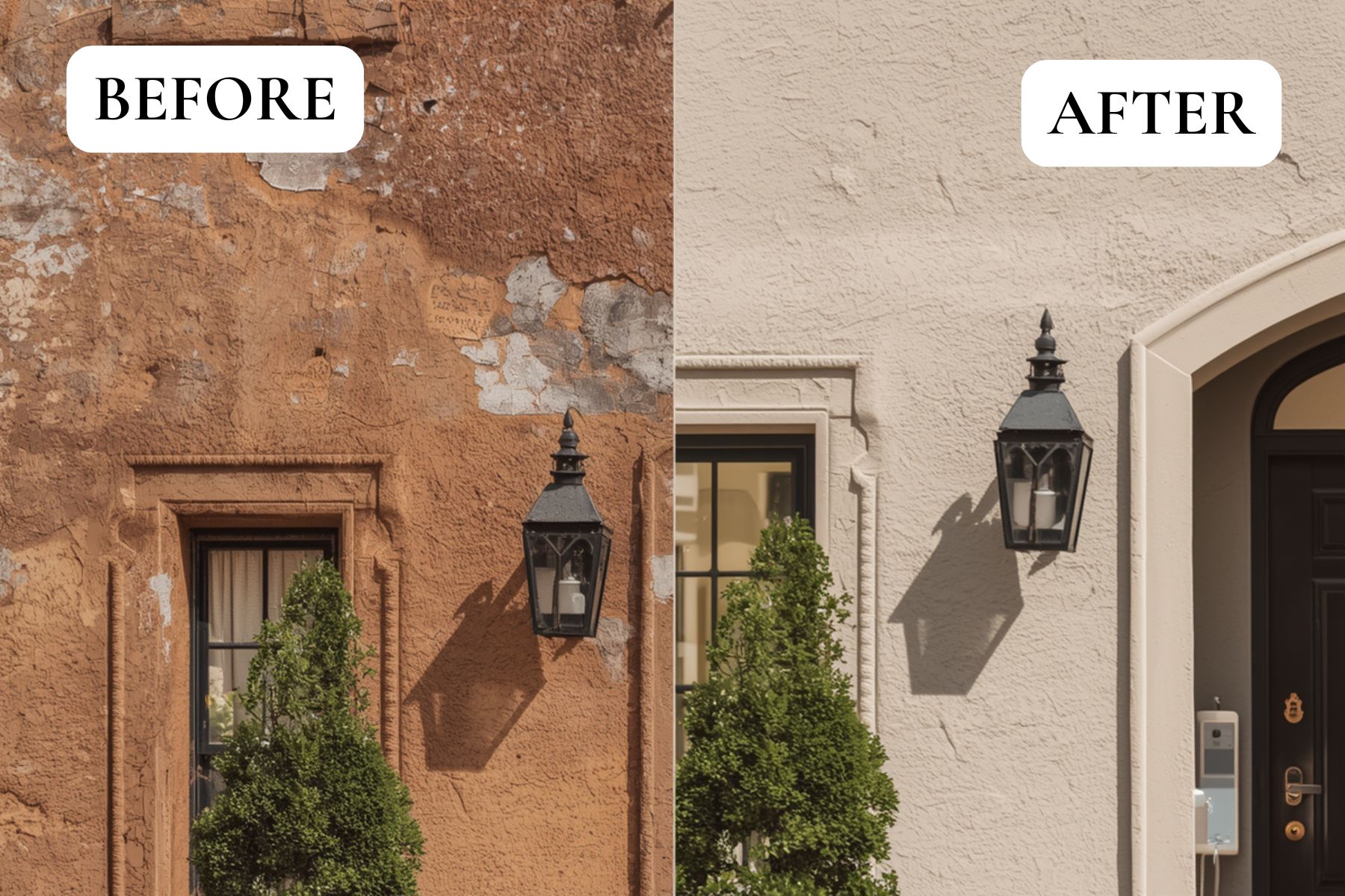 Before and after Philadelphia stucco repair showing a refreshed exterior wall